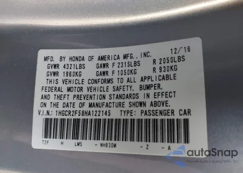 2017 Honda Accord Sport из США, поврежденный, VIN 1HGCR2F58HA122145